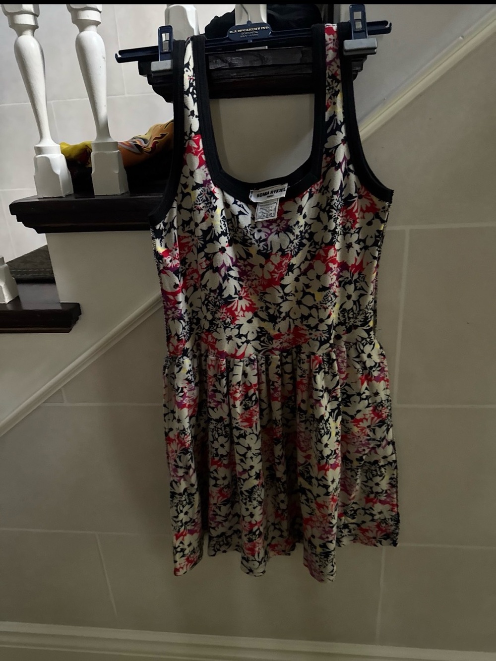 Sonia Rykiel Cream Floral Tank Dress with Pink and Navy Accents